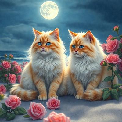 The primary subject of the image is two cats sitting on a rocky surface, surrounded by a field of pink flowers. The setting appears to be a beach, with the cats looking at the moon in the sky. The visual style of the image is a painting, which adds a sense of artistic expression to the scene. The dominant colors in the painting are pink and blue, creating a warm and serene atmosphere.